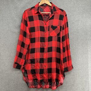 Fashion Model Buffalo Plaid Shirt Womens 1X Red Black Roll Tab Sleeve Tunic Top